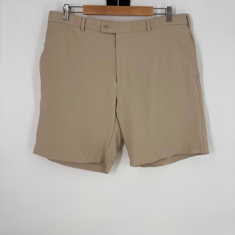 Peter Millar Mens Wicking Golf Shorts Khaki Tan Size 38 Flat Front Performance